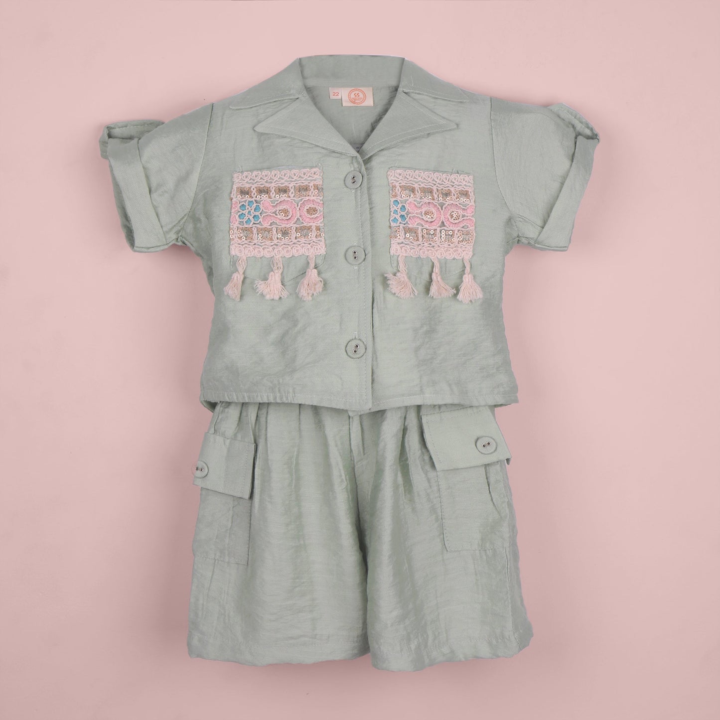 Trendy Girls’ Mint Set – Embroidered Shirt & Shorts Combo