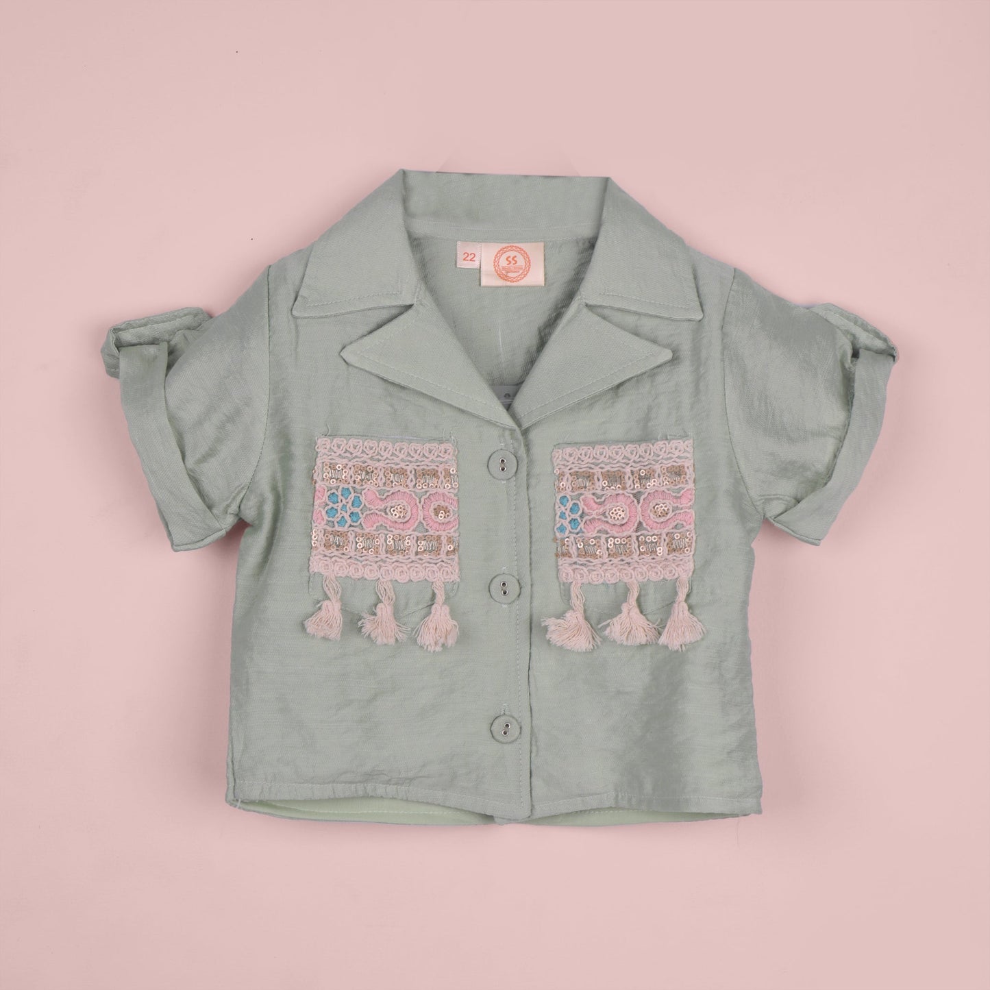 Trendy Girls’ Mint Set – Embroidered Shirt & Shorts Combo