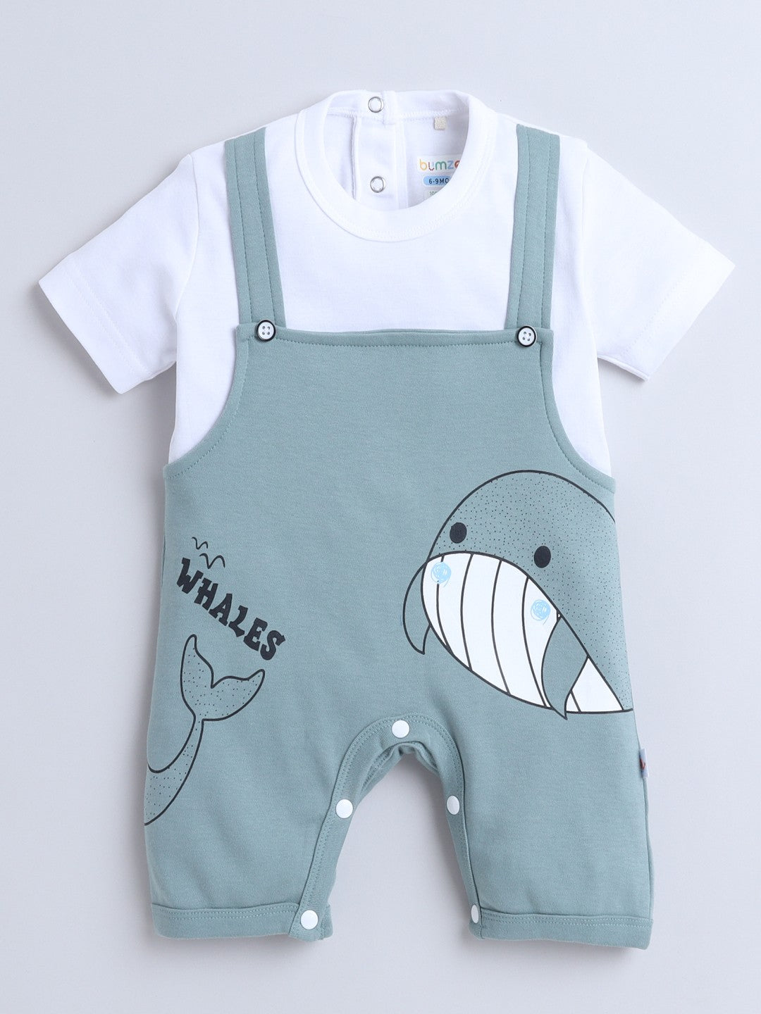Bumzee’s unisex romper: cozy cotton, half sleeves, and playful “WHALES” placement print!