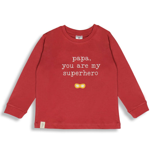 Ollypop Boys Coral Red Dad is My Superhero Cotton Full Sleeve T-shirt