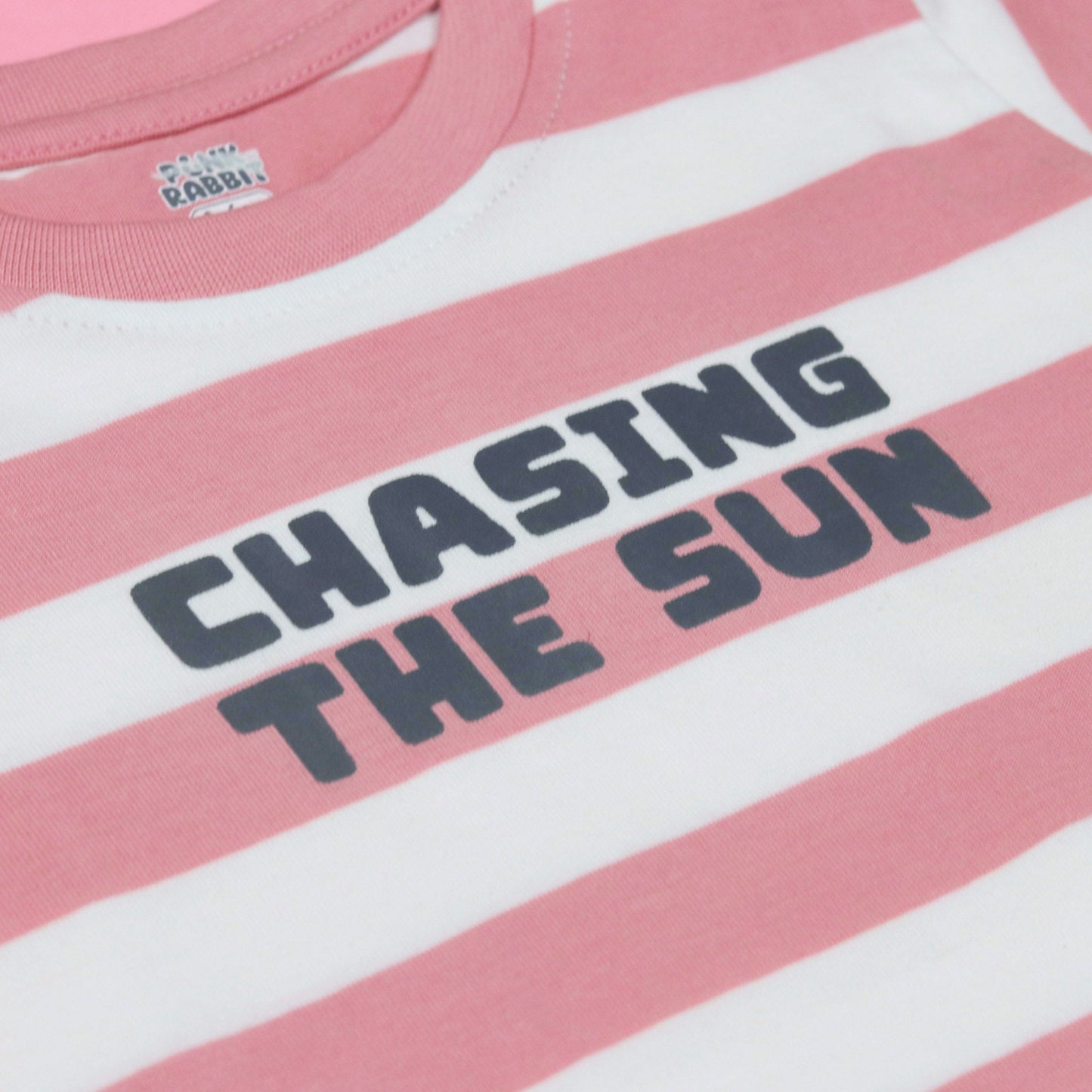 Coral Striped T-Shirt by Pink Rabbit – Cap Sleeves, Inspirational “Chasing the Sun"