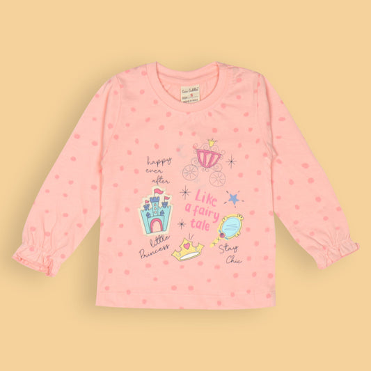Happy Ever After Little Princess Tee by Cucumber – Girls’ Coral Full Sleeves, Star Print, Soft Cotton Everyday Wear