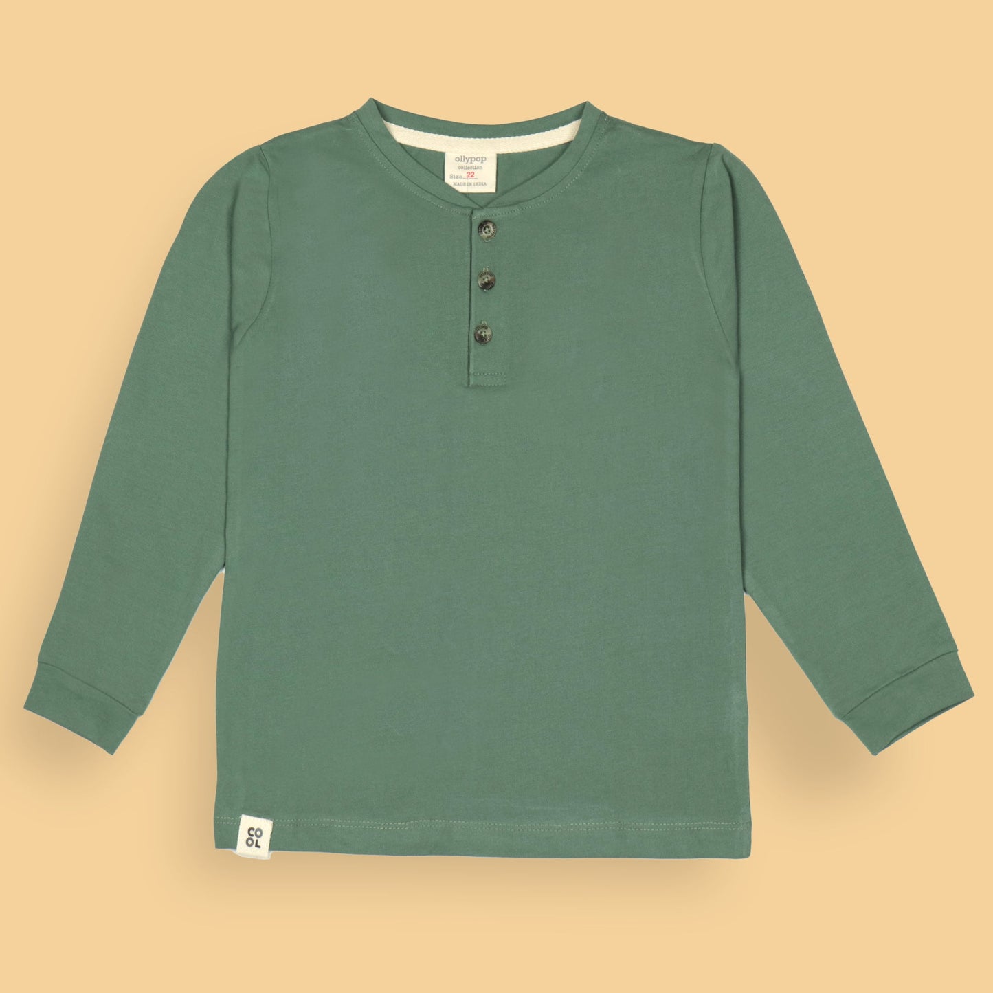 Ollypop Sea Green Full Sleeve Boys' T-Shirt – Basic Cotton, Solid Color, Round Neck, Front Button Detailing, Machine Washable