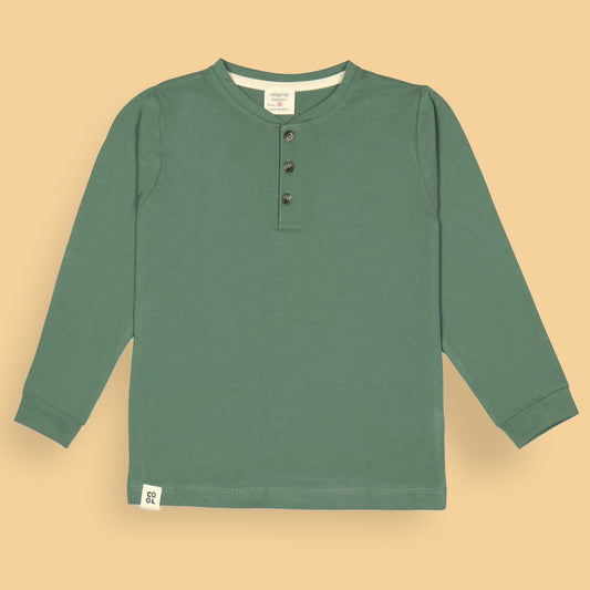 Ollypop Sea Green Full Sleeve Boys' T-Shirt – Basic Cotton, Solid Color, Round Neck, Front Button Detailing, Machine Washable