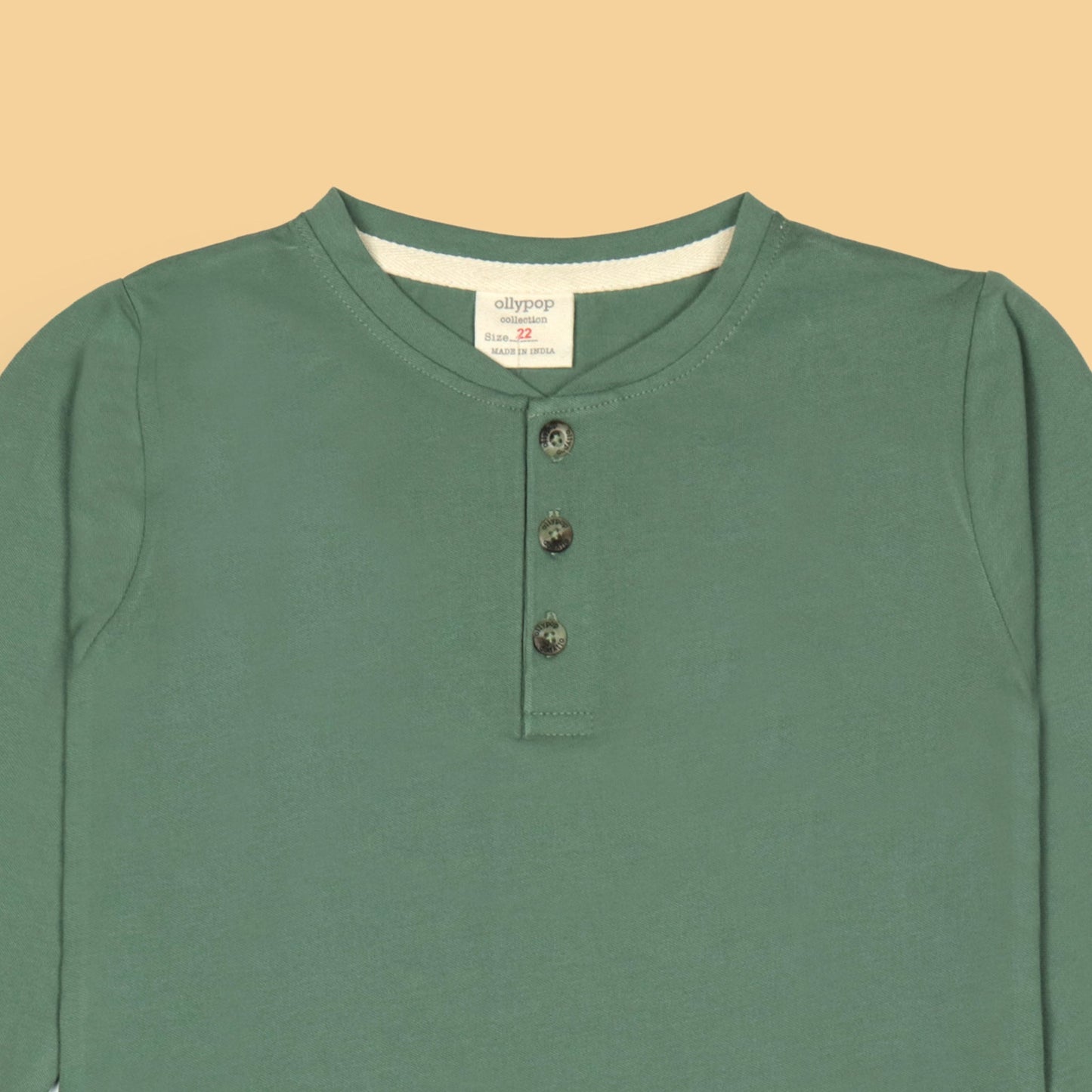 Ollypop Sea Green Full Sleeve Boys' T-Shirt – Basic Cotton, Solid Color, Round Neck, Front Button Detailing, Machine Washable