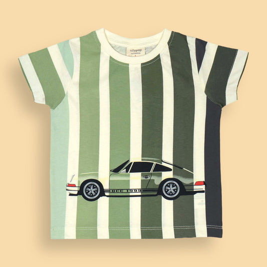 Ollypop Boys’ Striped Sinker Fabric T-Shirt – Sea Green, Half Sleeves, Car Print, Smart Outdoor & Sports Wear