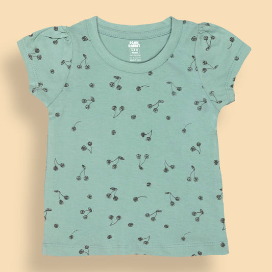 Pink Rabbit Girls Sea Green Cotton All Over Print T-shirt