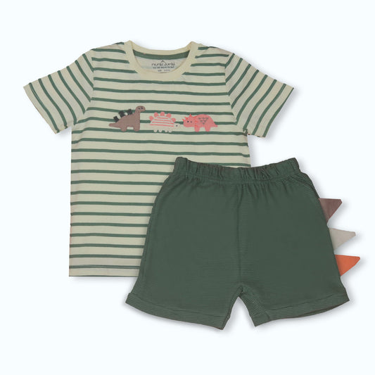 Mumbl Jumbl Girls’ Half Sleeves T-shirt & Shorts Set – With Dinosaur Print (Sea Green)