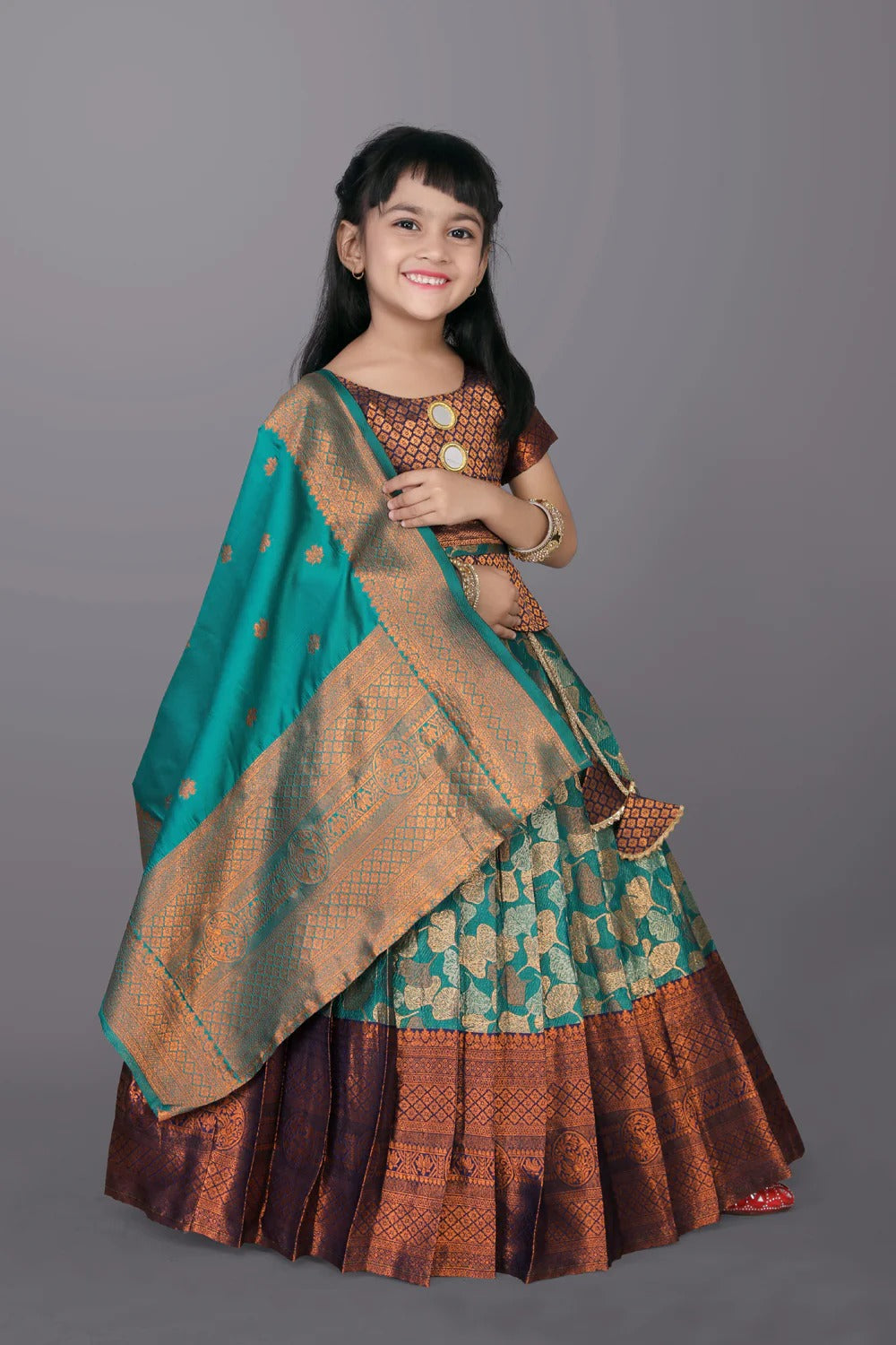 Twirl into Joy with Satyam Fab’s Brown & Sea Green Fiesta – Flowy Lehenga, Cute Choli & Lots of Festival Fun!