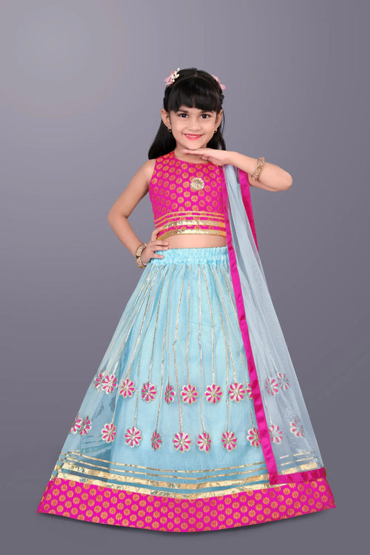 Little Star’s Pink & Sea Green Sparkle – Flowy Tulle Lehenga & Embroidered Top by Satyam Fab