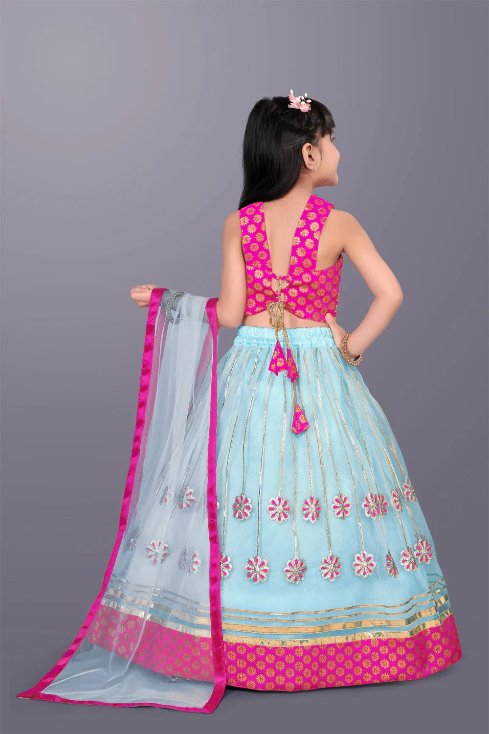 Little Star’s Pink & Sea Green Sparkle – Flowy Tulle Lehenga & Embroidered Top by Satyam Fab