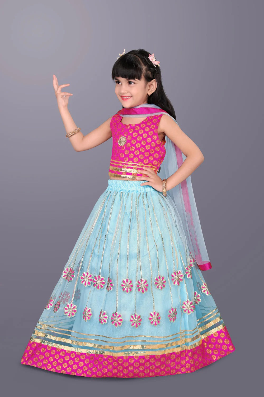 Little Star’s Pink & Sea Green Sparkle – Flowy Tulle Lehenga & Embroidered Top by Satyam Fab