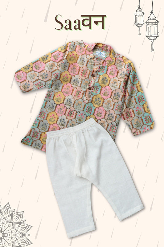 Peekaboo Sea Green Cotton Kurta Pyjama Set – Full Sleeves, Mandarin Collar