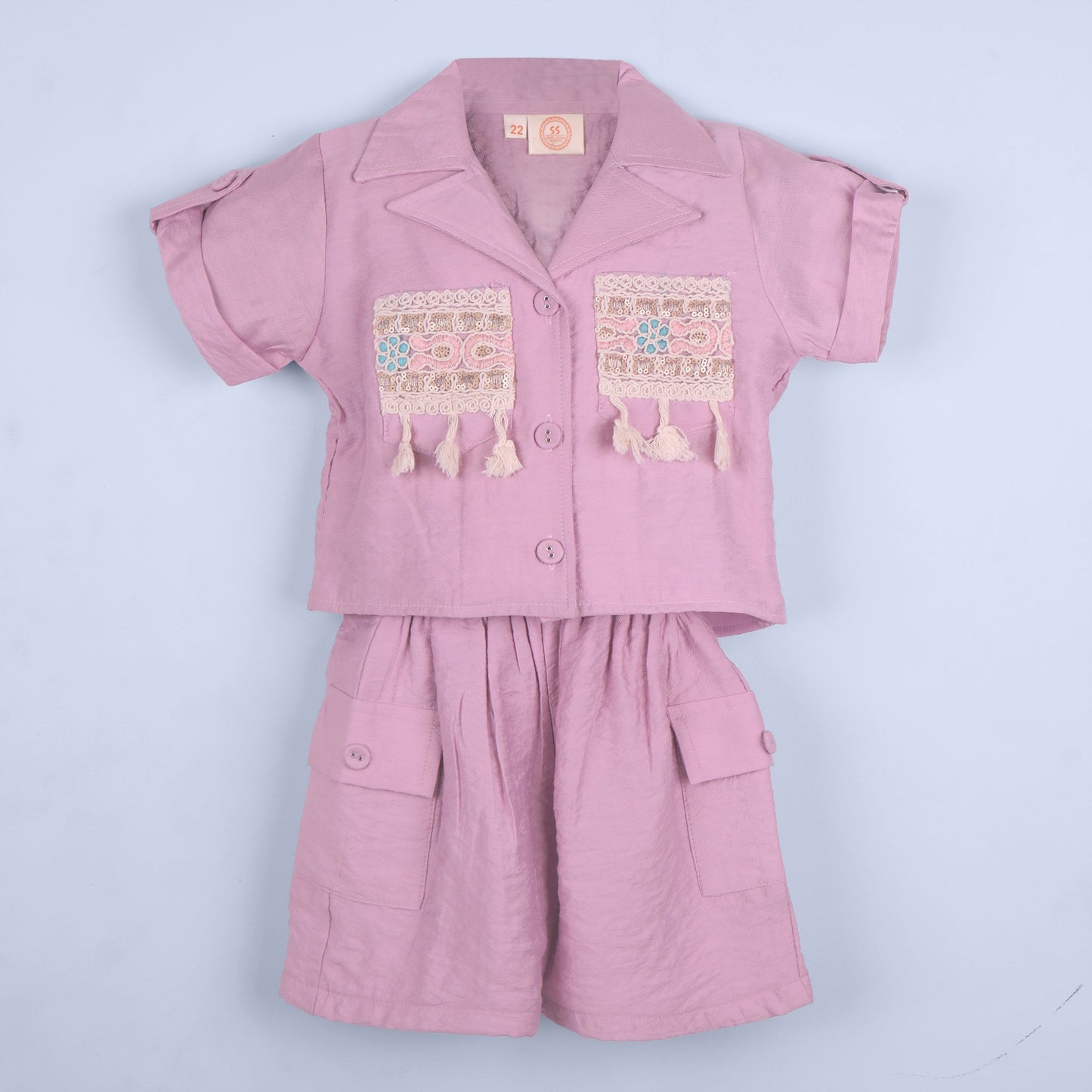 Pretty in Mauve – Girls’ Embroidered Shirt with Mid-Thigh Shorts