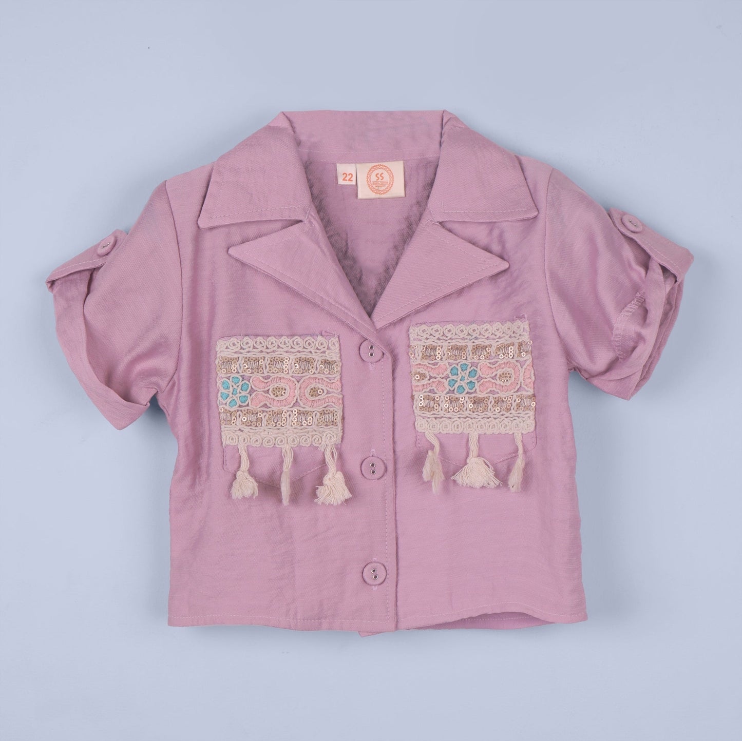 Pretty in Mauve – Girls’ Embroidered Shirt with Mid-Thigh Shorts