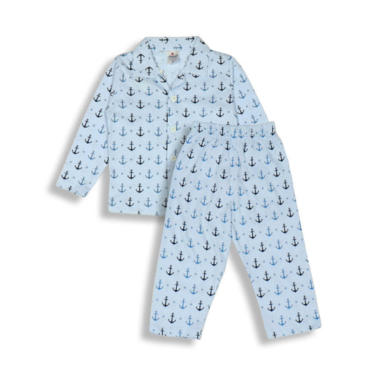 Cute Ollypop Baby Pink Sinker Knit Night Suit in Nautical Theme – Full Sleeves, Front Open, Anchors Print