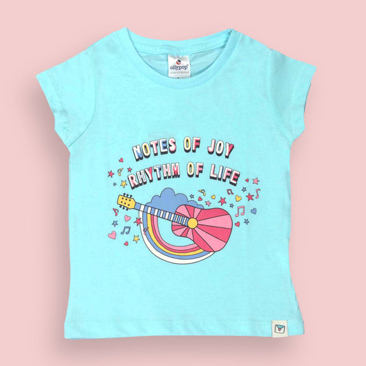 Ollypop Aqua Blue Sinker Knit Top with Notes of Joy Rhythm of Life Print