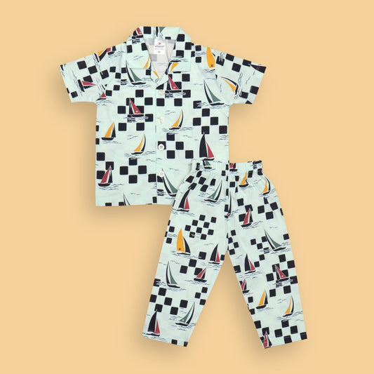 Ollypop Aqua Blue Unisex Nightwear Set with Collared Button-Up T-Shirt and Full-Length Pyjamas