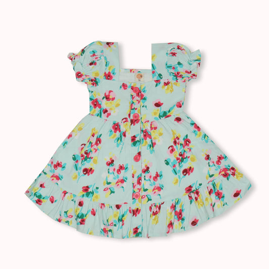 Pretty in Aqua – Dew Drop Girls’ Flared Floral One-Piece, Featherlite Cotton Blend for Party & Festival Moments