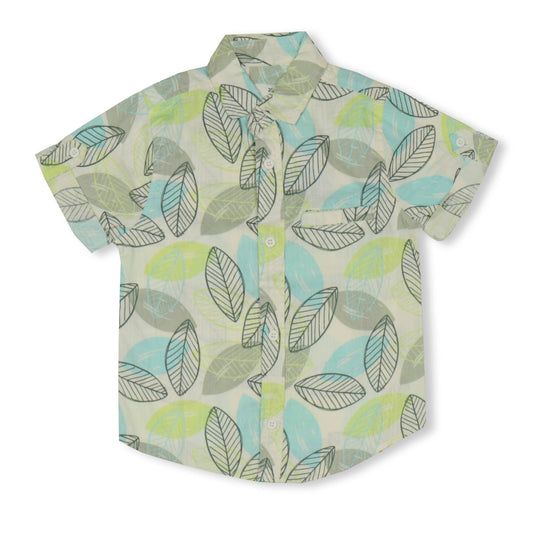 Dew Drop Boys' Cotton Shirt with Leaves Print – Soft Fabric, Half Sleeves, Summer Essentials (Aqua Blue)