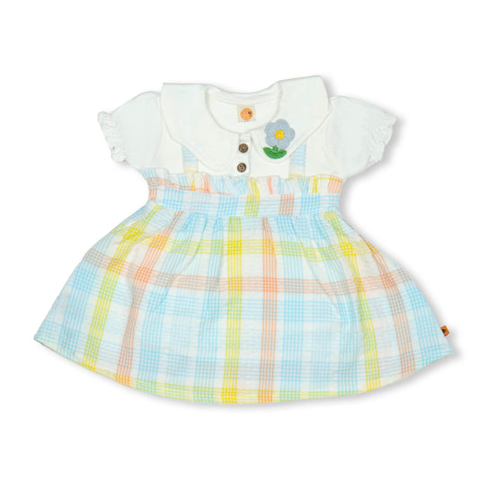 Pretty Dew Drop Girls' Checked Frock – Soft Fabric, Half Sleeves, Peter Pan Collar, Summer Essentials (Aqua Blue)