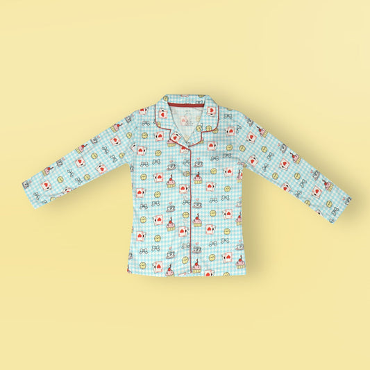 CASA DE NEENEE Bengaluru Bedtime Bliss – Cozy Aqua Blue Clock Print Nightwear Set for Sweet Dreams