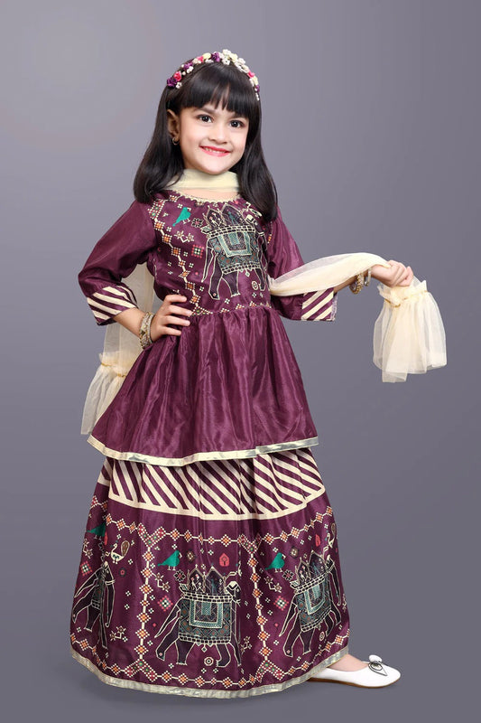 Festival Ready: Satyam Fab Maroon Lehenga Choli with Flared Skirt & Dupatta for Girls