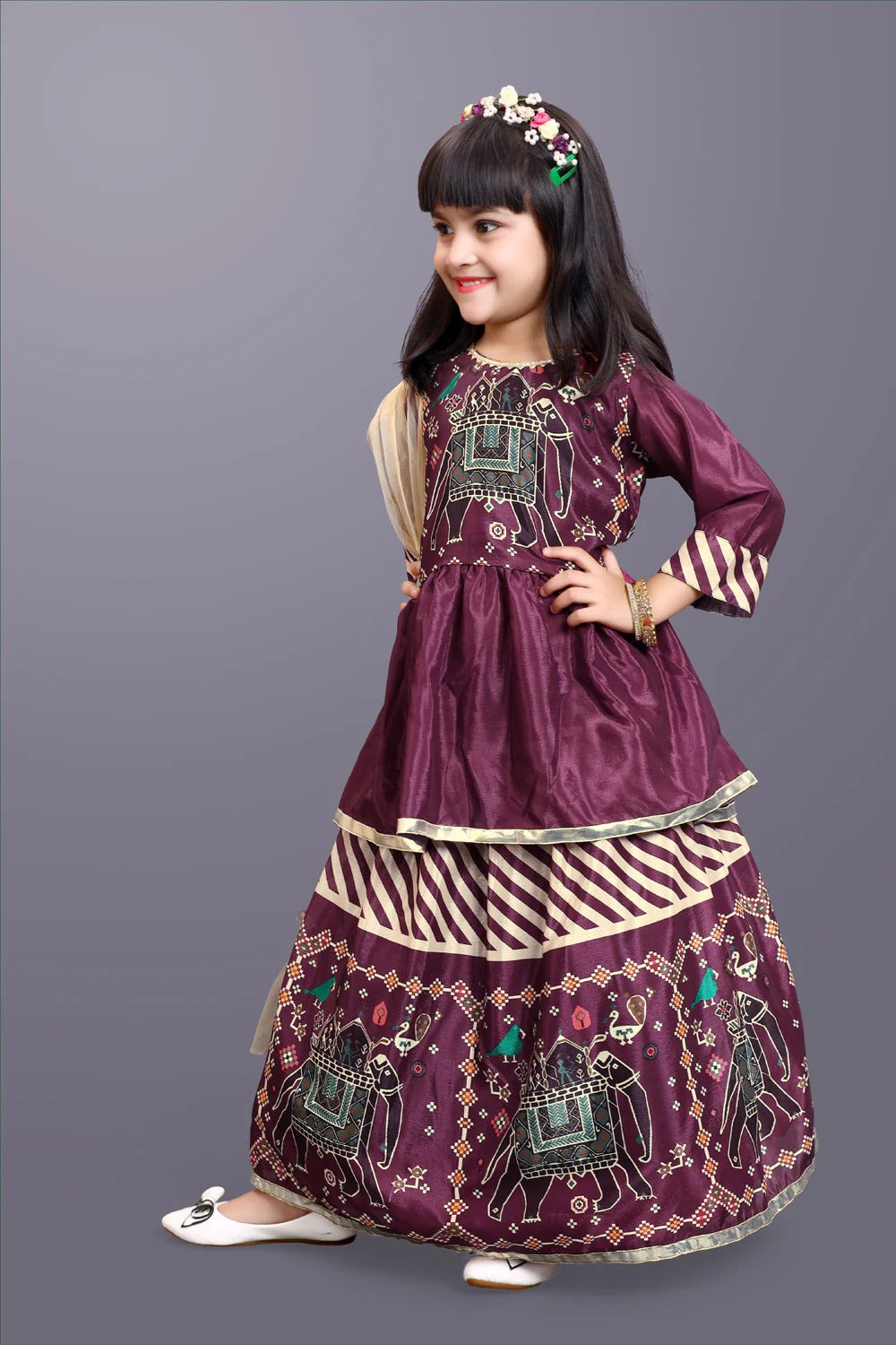 Festival Ready: Satyam Fab Maroon Lehenga Choli with Flared Skirt & Dupatta for Girls