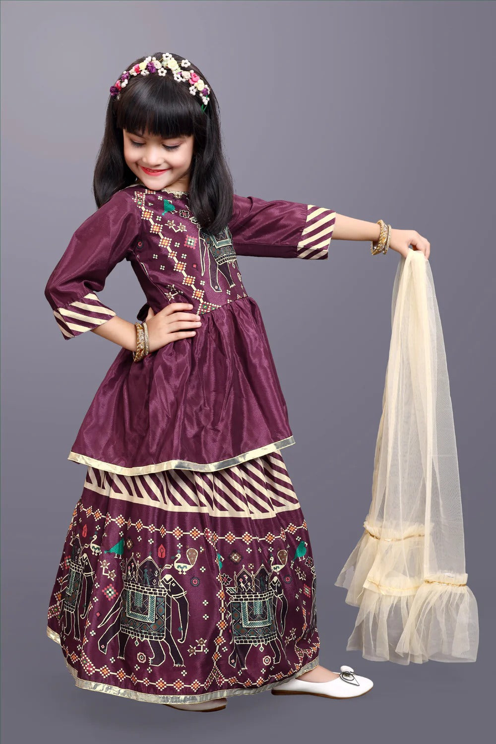 Festival Ready: Satyam Fab Maroon Lehenga Choli with Flared Skirt & Dupatta for Girls