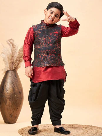 Royal Maroon – Boys’ Dhoti Kurta Jacket Set by Vastramay