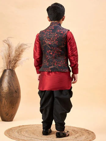 Royal Maroon – Boys’ Dhoti Kurta Jacket Set by Vastramay