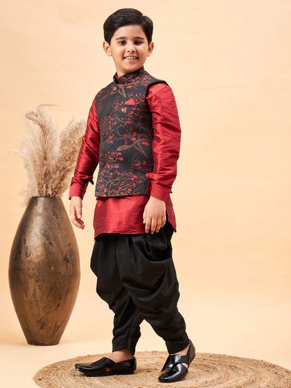 Royal Maroon – Boys’ Dhoti Kurta Jacket Set by Vastramay