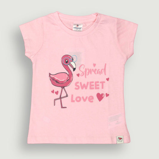 Ollypop Pink Sinker Knit Half Sleeves Top with Spread Sweet Love Print