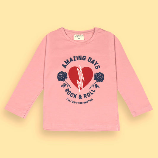 Groovy Girls Pink Tee by Ollypop – Full Sleeve, Flower & Lightning Print, Essentials