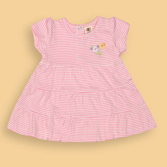 Zero Essentials Girls’ Light Pink Striped Frock – Half Sleeves, Knee Length, Easy Snap Buttons