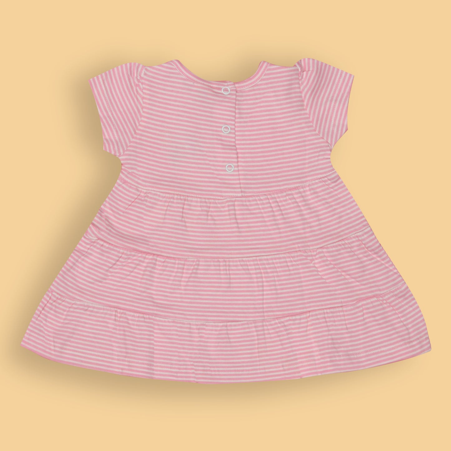 Zero Essentials Girls’ Light Pink Striped Frock – Half Sleeves, Knee Length, Easy Snap Buttons