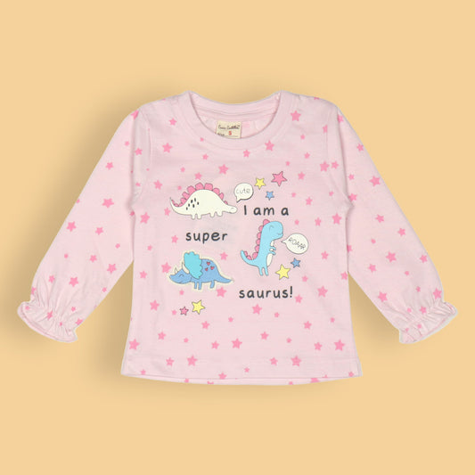 I Am a Super Saurus! Light Pink Tee by Cucumber – Girls’ Full Sleeves, Dino & Star Print, Soft Cotton Comfort