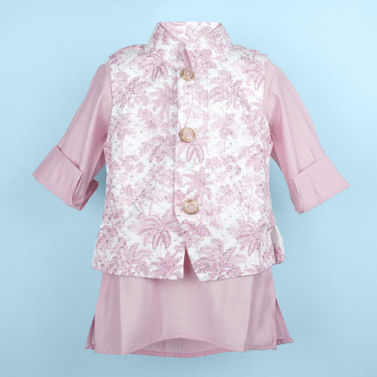Aagam Boys’ Embroidered Kurta & Jacket Set – Light Pink