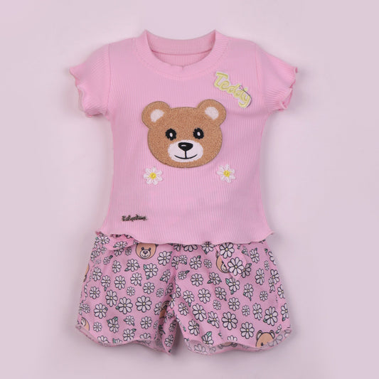 Baby's Day girls’ summer set: striped shorts, teddy applique, and easy back buttons!