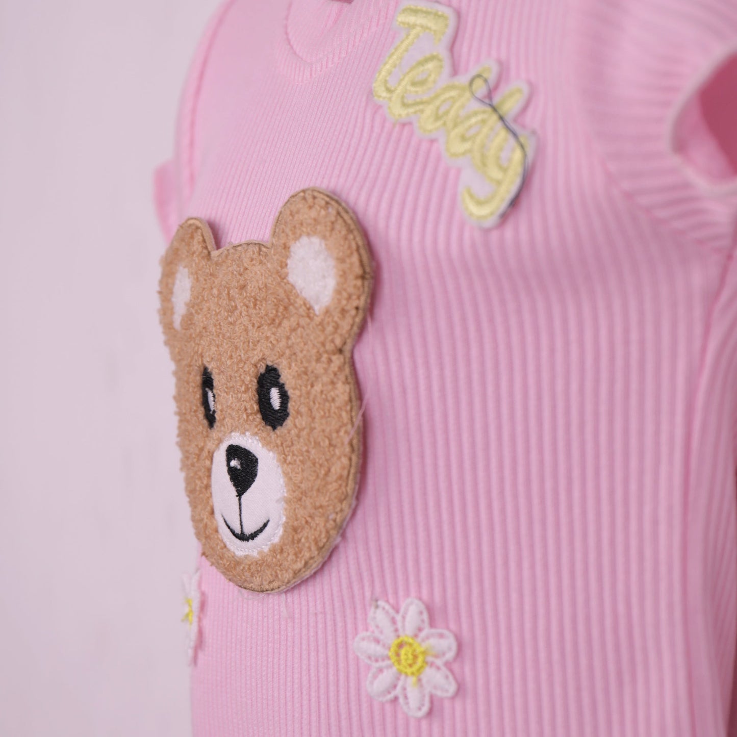Baby's Day girls’ summer set: striped shorts, teddy applique, and easy back buttons!