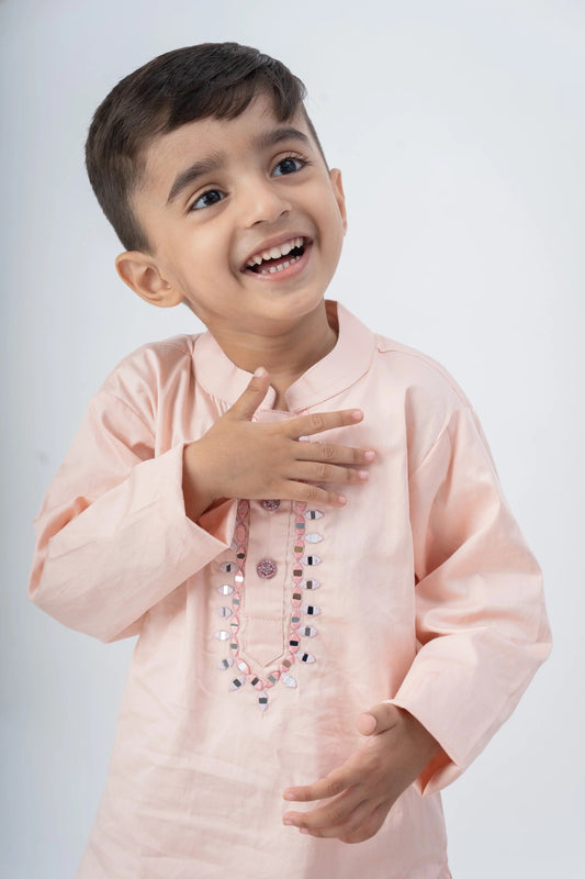 Party Ready Light Pink Sequined Kurta Dhoti Set – Peekaboo Boys’ Festive Look