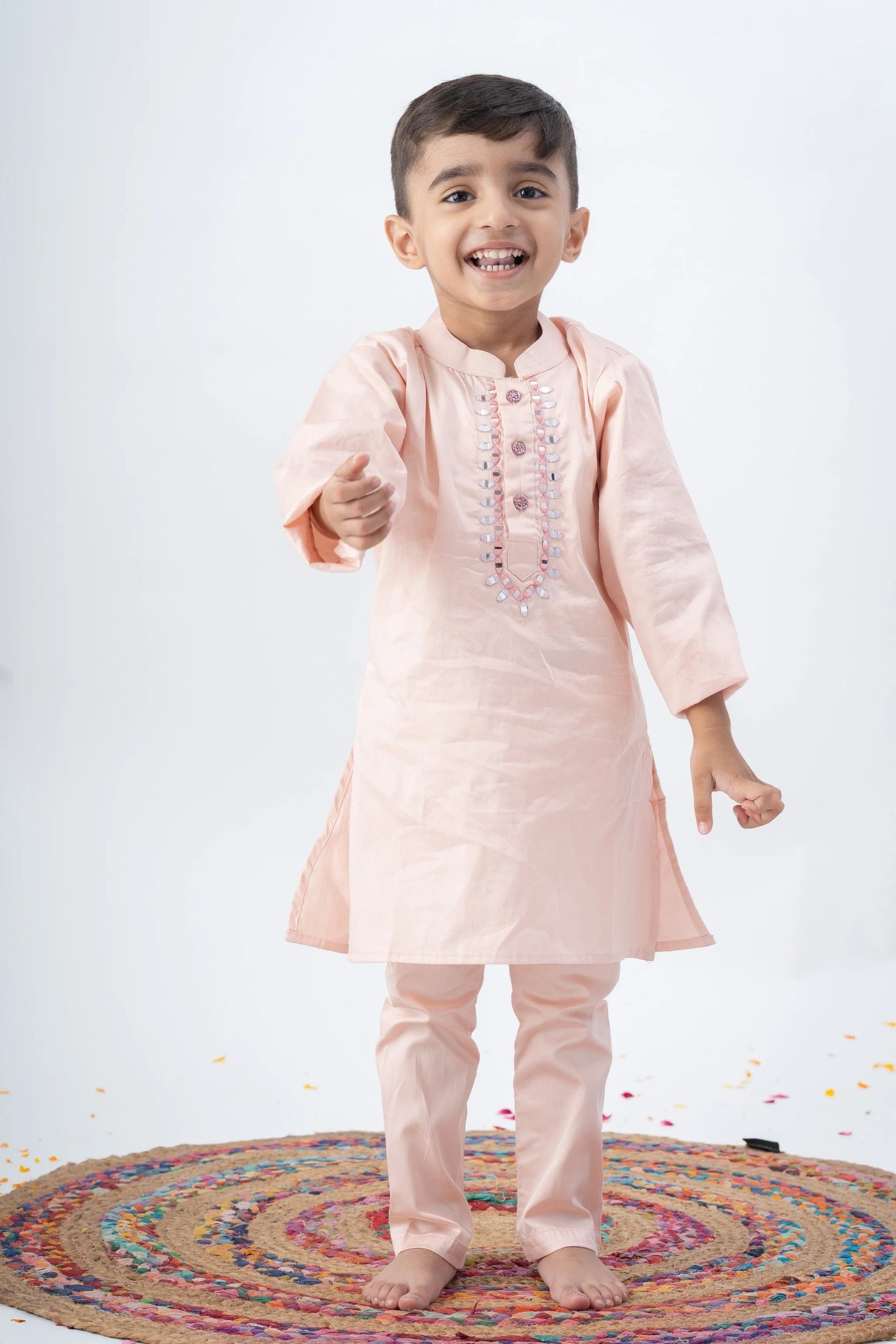 Party Ready Light Pink Sequined Kurta Dhoti Set – Peekaboo Boys’ Festive Look