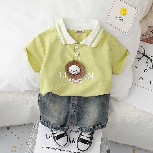 Boys Short Sleeve Lion Applique Polo T-shirt With Denim Shorts