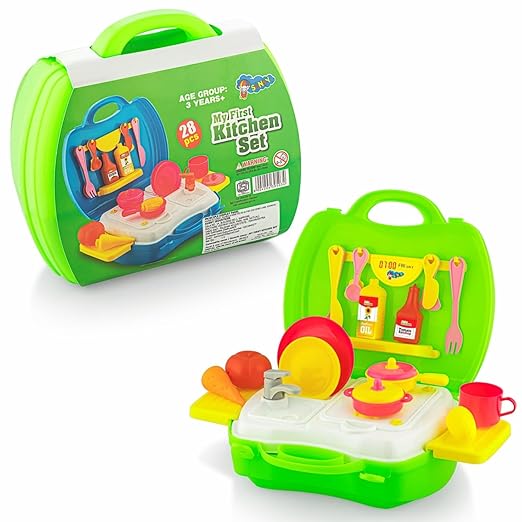 My First Kitchen 28-Piece Pretend Play Cooking Set with Suitcase – Stainless Steel Utensils & Accessories for Kids (Pink, Ages 3+)