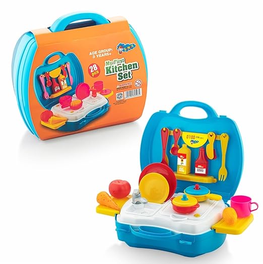 My First Kitchen 28-Piece Pretend Play Cooking Set with Suitcase – Stainless Steel Utensils & Accessories for Kids (Pink, Ages 3+)