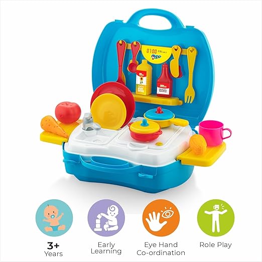 My First Kitchen 28-Piece Pretend Play Cooking Set with Suitcase – Stainless Steel Utensils & Accessories for Kids (Pink, Ages 3+)