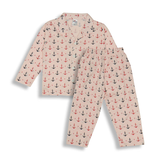 Cute Ollypop Baby Pink Sinker Knit Night Suit in Nautical Theme – Full Sleeves, Front Open, Anchors Print