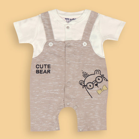 Neo Nate Light Baby Pink Soft Romper – Half Sleeve, Embroidered Teddy Bear, Snap Button, Perfect for Smart Outdoor & Parties