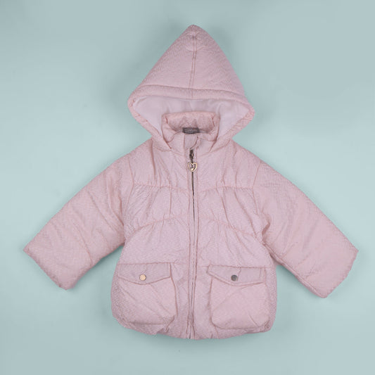 Little Kangaroos Girls Full Sleeve Baby Pink Quilted Jacket | Zip Closure for Winter Days