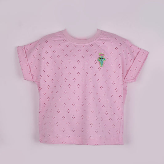 Playful & Sweet – Girls’ Pink Cotton Applique T-Shirt